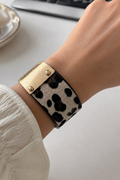 Modex Leopar Desenli Gold Detaylı Geniş Tasarım Bileklik (21cm)