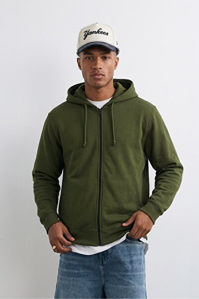 MARKAPIA Men's Zippered Hooded Khaki Sweatshirt with Fleece Inside