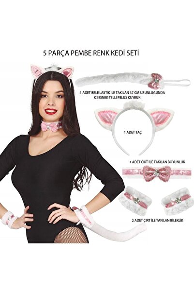 partidolu Halloween Yetişkin Pembe Renk Kedi Kostüm Seti 5 Parça Taç Boyunluk...