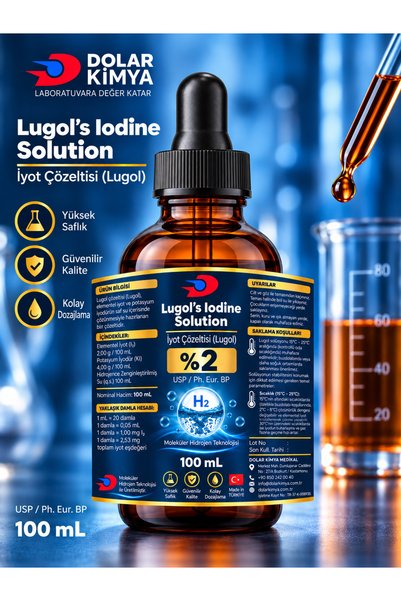 Dolar Kimya Lugol's Solution 2% |   100 ml |   Glass Dropper Bottle (Pharma Grade Lugol, Iodine Drops)