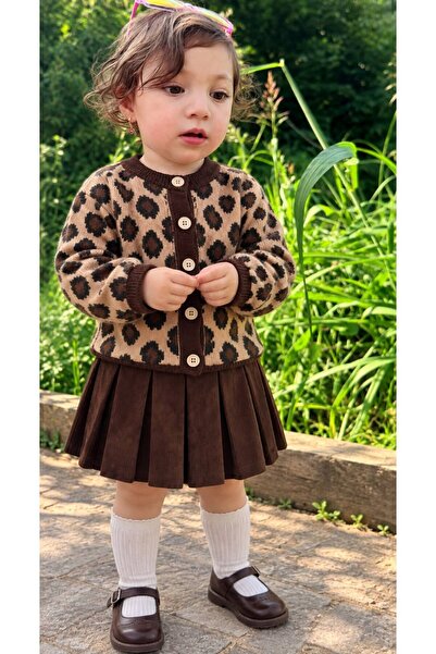 pepule Kız Çocuk Leopar Desenli Triko Hırka ve Pileli Etek 2’li Takım