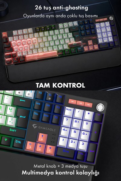 gameagle Apex Red Bilek Destekli Anti-Ghosting Ses Tekerleği Metal Mekanik Gaming Oyuncu Klavyesi Siyah