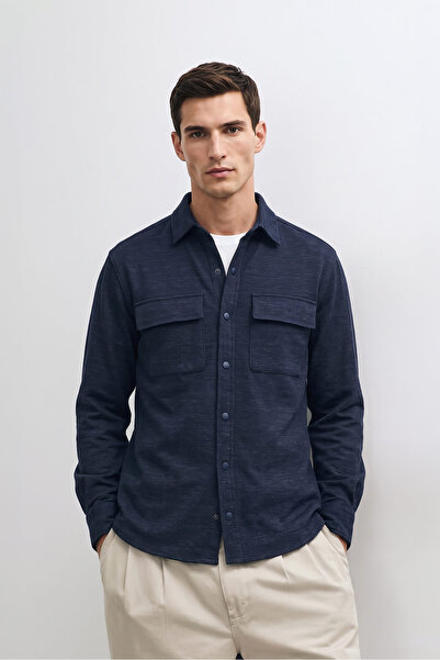 Bluewhite Men's Navy Blue Jean Shirt with Pockets