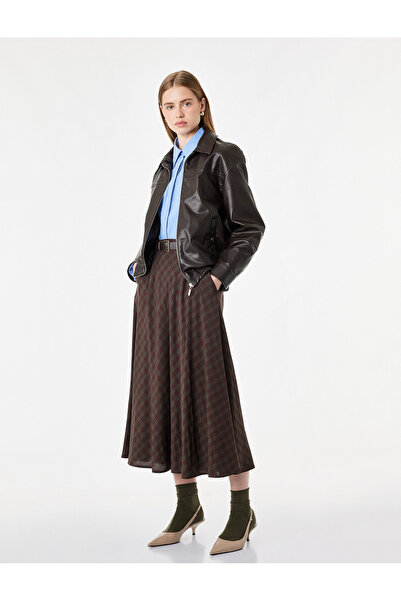 Koton Side Pocket Detailed Flared Cut Belted Plaid Long Skirt