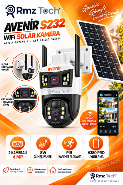 Avenir AV-S232 Solar WiFi Güvenlik Kamerası 4 MP Çift Kameralı 8W Güneş Panelli PIR Hareket Algılama