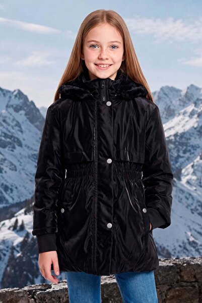 Fulla Moda Beli Büzgülü Kapüşonlu Kız Çocuk Mont