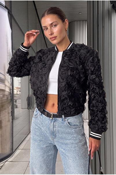 WeShaya Women's New Season, Black, Rose Süzüneli, Zippered Jacket Coat