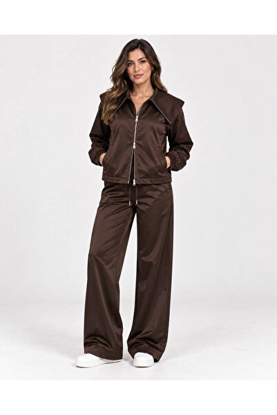 Serpirella Butik Wide Collar Zippered Satin Suit