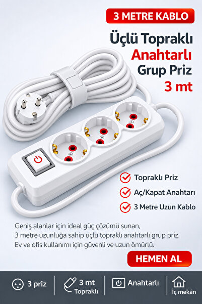 FIRSAT YOLU Üçlü Topraklı Anahtarlı Grup Priz 3 Metre