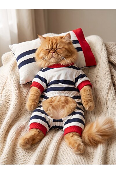 Kemique Mon Amour Çizgili Kedi Uyku Seti | Penye Kedi Tulum ve Mini Yastık Ta...