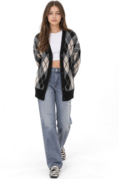 Hiccup Cardigan oversize Mixray cu model argyle, decolteu în V și nasturi