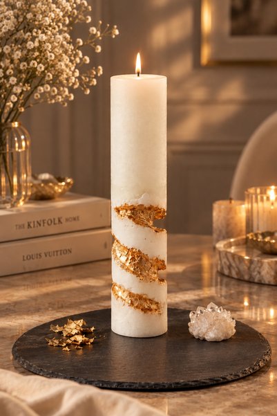 Kaide Vanilya Kokulu Soya Wax Mum 6*24 cm Helezonik Altın Varaklı El Yapımı Dekoratif Obje Kristal Cam Taş Beton Taştozu Silindir Blok Kütük Kandil Şamdan Parafin Epoksi Reçine Tealight Mumluk