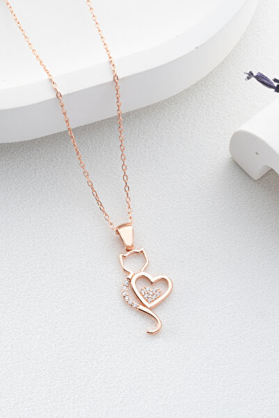 Two Arts Jewelry 925 Ayar Gümüş Kadın Taşlı Kedi ve Kalp Kolye - Rose Gold