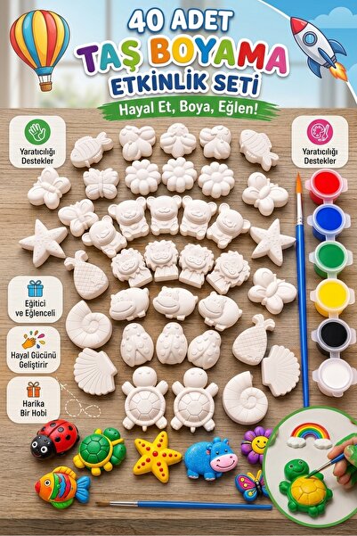 MİSSEHOME 40 Adet (3D) Hayvanlar&Çiçekler Taş Boyama Figür Çocuk Gelişimi Boy...