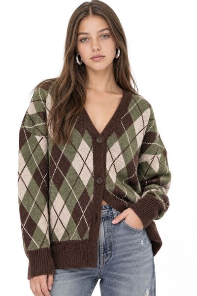 Hiccup Mixray Diamond Patterned V-Neck Buttoned Oversize Cardigan
