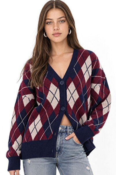 Hiccup Mixray Diamond Patterned V-Neck Buttoned Oversize Cardigan