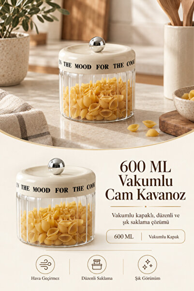 Poomy 600 ml Cam Saklama Kabı Krem Kapaklı Gümüş Detaylı Mutfak Kavanozu