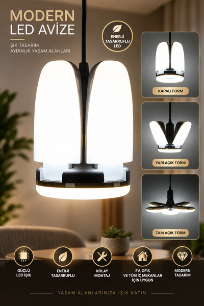 sadan 50 Watt - 5.000 Lumen 4 Kollu Katlanır Pervane Led Ampül-tasarruflu(DÖN...
