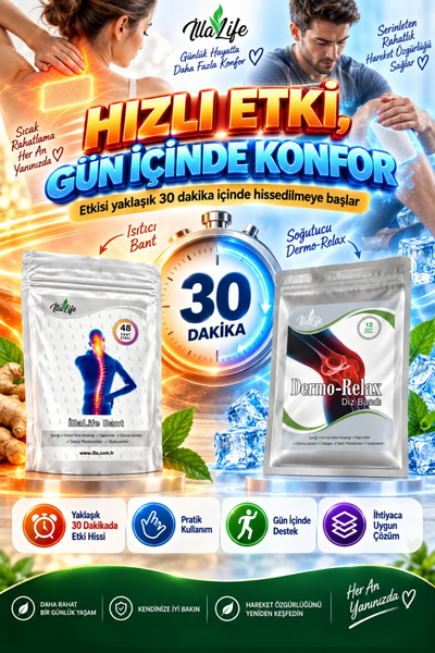 İlla Life Orijinal Hızlı Etkili 2'li Fırsat Paketi Özel Set - Isıtıcı + Soğutucu Paket Diz Bacak Kas Eklem Bel Boyun Sırt Omuz Karın İçin Anında Etkili 10 x Isı Bandı ve 10 x Soğutucu Dermo Relax Bant Seti