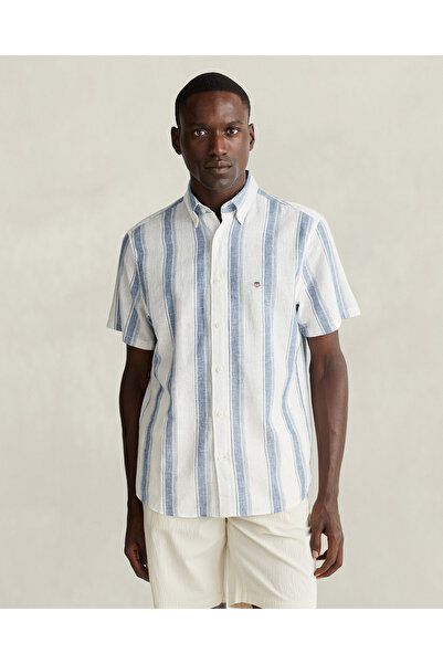 Gant Erkek Mavi Regular Fit Çizgili Logolu Gömlek