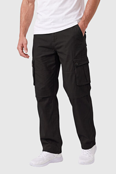DeepSEA Erkek Relaxed Fit Bol Kesim Likralı Siyah Outdoor Kargo Pantolon – Çok Cepli Geniş Paça 1705421