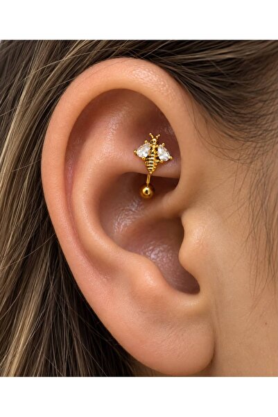 Arescollection ÇELİK BARLI ZİRKON TAŞLI ARILI ROOK PİERCİN ( 1 ADET )