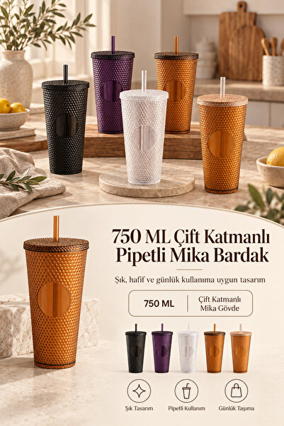 Poomy 750 ml Kapaklı Pipetli Şeffaf Renkli Kristal Desenli Bardak - Su Bitki ...