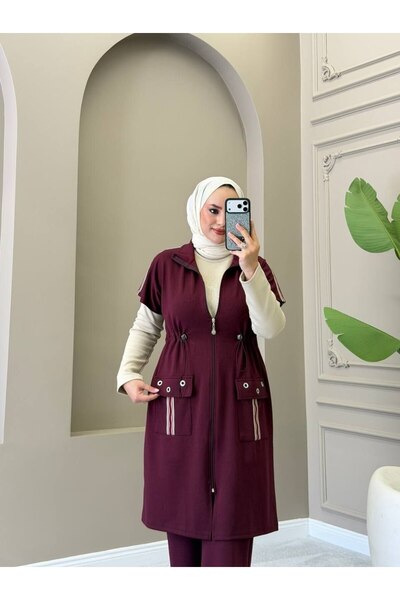 moda4b طقم رياضي نسائي من 3 قطع من قماش أوشوه بدون أكمام مع سترة طويلة بسحاب ...