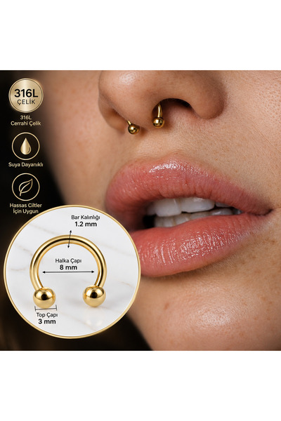 Heppii Cerrahi Çelik Ucu Toplu Burun Piercingi 8 Mm Gold Renk