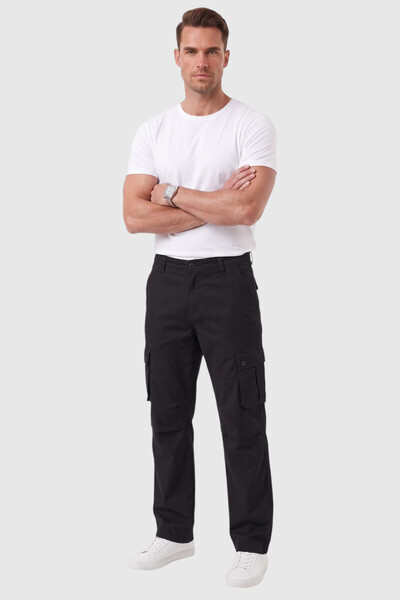 DeepSEA Erkek Relaxed Fit Bol Kesim Likralı Siyah Outdoor Kargo Pantolon – Çok Cepli Geniş Paça 1705421