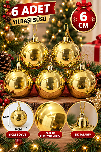 asöy Yılbaşı Ağacı süsü 6 cm Cici Gold Küre Top Süs Parlak süs Büyük Küre 6lı