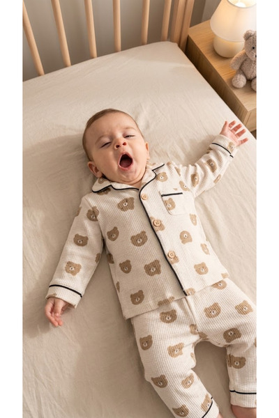 Erkek Bebek Ayıcık Desenli %100 Pamuk Rahat Ferah Pijama Takımı