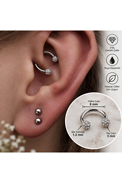 Heppii 8 mm Gümüş Renk İki Ucu Taşlı Cerrahi Çelik Tragus Helix Piercing Kıkı...