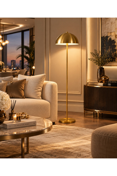 GemereHome Modern Tasarım Ayaklı Lambader Eskitme Gold Gövde Metal Abajur Ret...