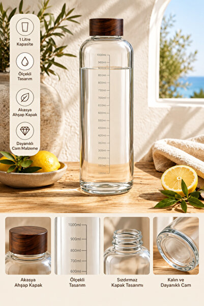 Poomy Akasya Kapaklı 1 Litre Ölçü Çizgili Cam Su Şişesi Matara - 1000ml Sızdı...