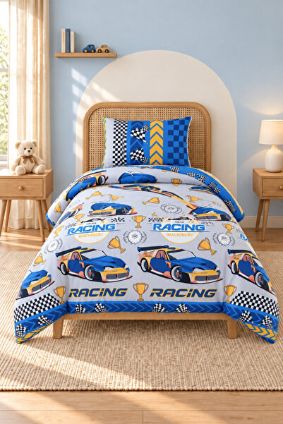 Boreas Home Adventure-Filled Blue Car Patterned Single Duvet Cover Set