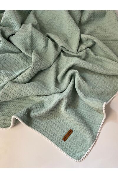 HEYBELİ ORGANİK Cunda Series Knitted Pattern 100% Cotton Baby Pique Blanket Mint Green // 120X100 cm