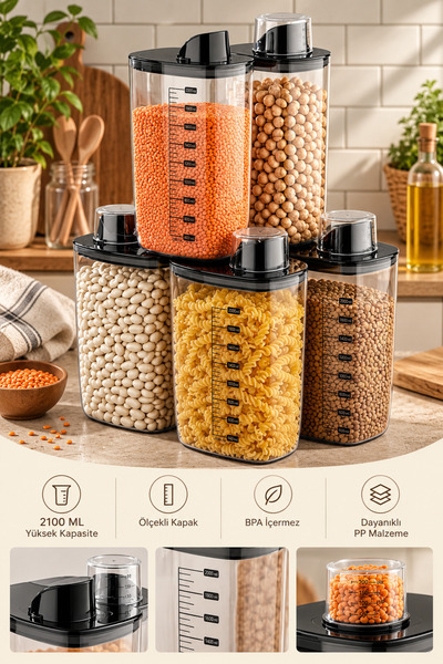 Poomy 6'Lı Vakumlu Hava Geçirmez Ölçekli Siyah Saklama Kabı Seti - 2000 ML Öl...
