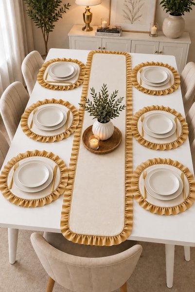 ZİLCA HOME 7-Piece Ruffled Runner and American Service Set – Gold Detailed Tableware Set for 6 People