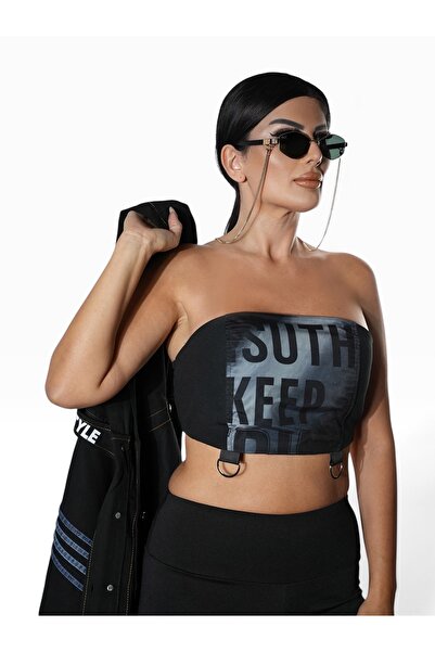 Siyah Baskı Detaylı Askılı Crop Büstiyer