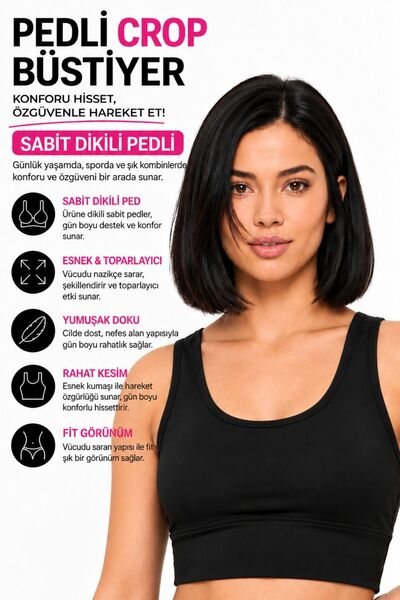 mrm pro Kadın Siyah Spor Crop Sütyen Pedli Destekli Toparlayıcı Büstiyer