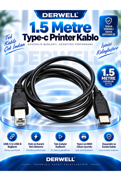 Derwell 1.5 Metre 1.5mt Type-C Usb Yazıcı Kablosu Yüksek Hızlı Usb Hız Çoklu ...
