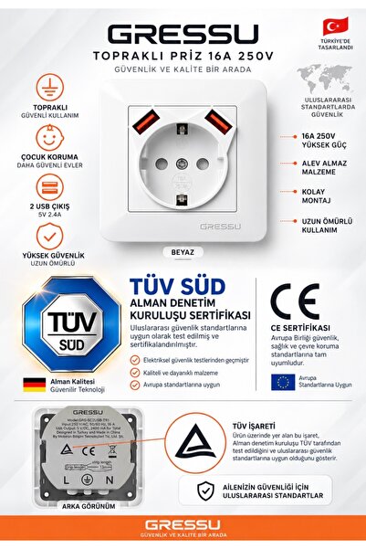 GRESSU 2 USB li Sıva Altı Duvar Prizi (TUV ve CE Sertifikalı) Premium Kalite ...