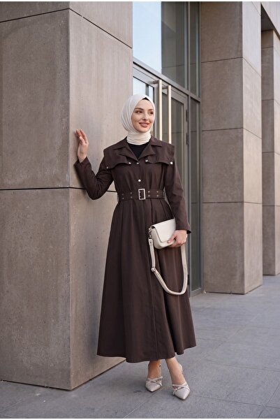 Modamorfo Half-Buttoned Collared Cotton Satin Dress with Side Pockets and Bel...