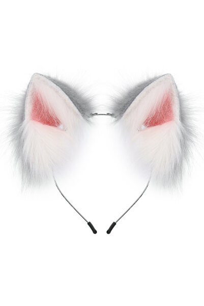 Choice11 Graywhite Handmade Faux Fur Animal Ears Headband Furry Cat Fox Ear H...