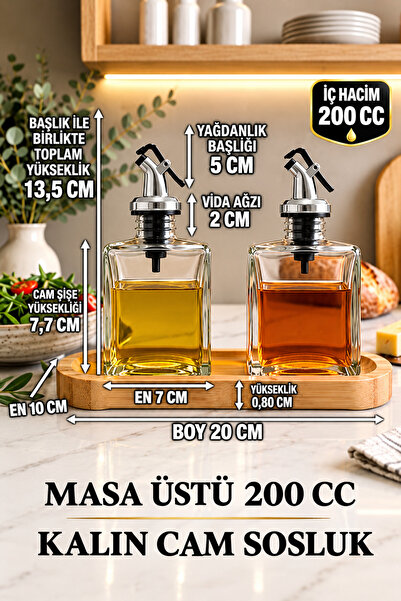 Trend Home Life Sofranız için Ahşap Stantlı 2 li 200 ml Cam Yağdanlık Sirkelik Zeytinyağı, Sıvı Yağlık, Sosluk Şişe