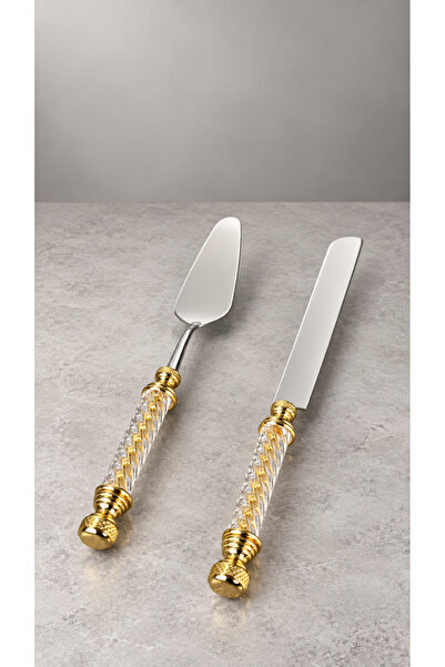 MAY HOME 2 Parça Cam Kristal Kulplu Gold Spatula Bıçak Pasta Servis Seti