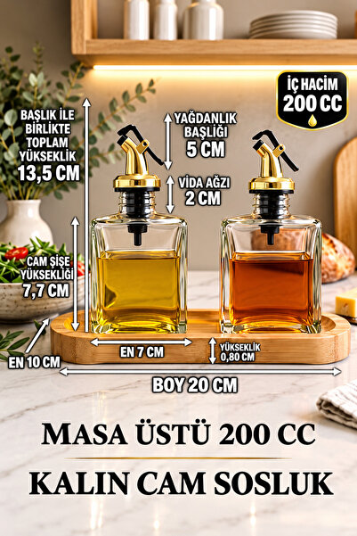 Trend Home Life Sofranız için Ahşap Stantlı 2 li 200 ml Cam Yağdanlık Sirkelik Zeytinyağı, Sıvı Yağlık, Sosluk Şişe