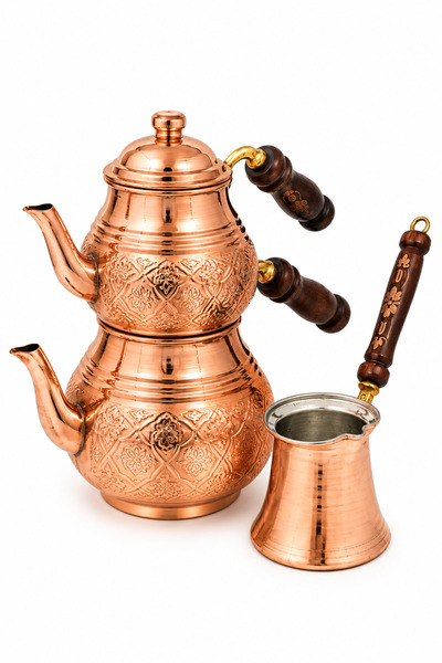 Copper Empire Bakır Çaydanlık Seti 2 Lt Su Haznesi 1 Lt Demlik Ahşap Kulplu B...