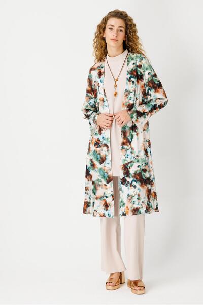 Esswaap Özel Desenli Kimono Bluz Pantolon Kolyeli Takım  Bej